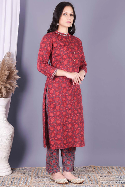 Women Pure Cotton Straight Mandarin Collar Kurta Pant Set