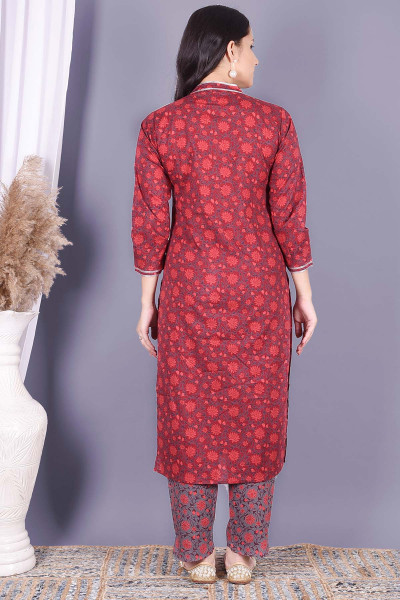 Women Pure Cotton Straight Mandarin Collar Kurta Pant Set