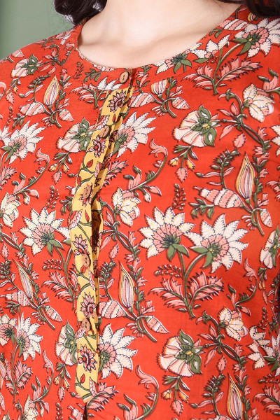 Orange Floral Printed Straight Cotton Kurta