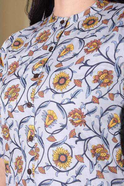 Light Blue Floral Printed Straight Cotton Kurta