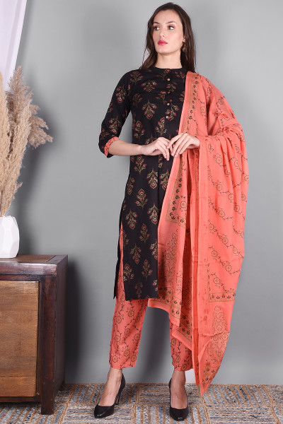 Women Pure Cotton Straight Mandarin Collar Kurta Pant DupattaSet