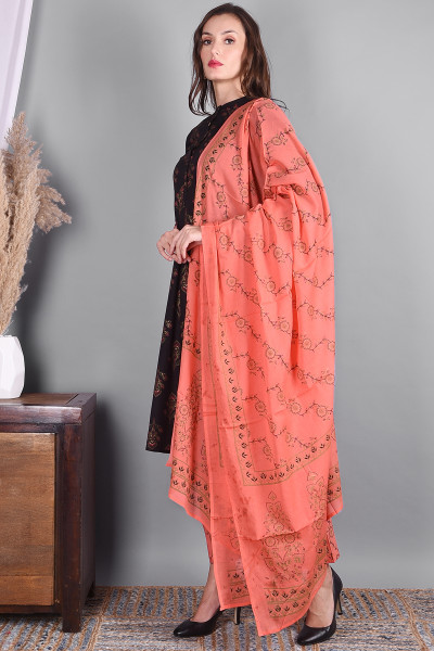Women Pure Cotton Straight Mandarin Collar Kurta Pant DupattaSet
