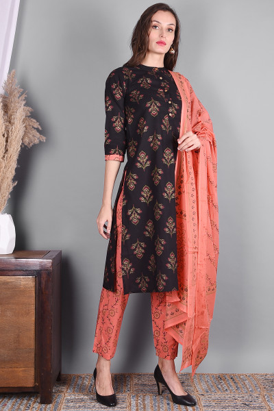 Women Pure Cotton Straight Mandarin Collar Kurta Pant DupattaSet
