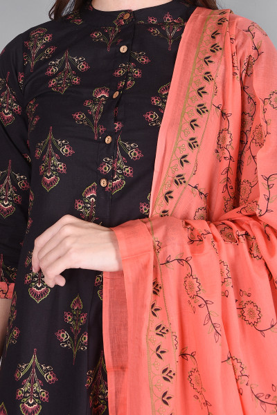Women Pure Cotton Straight Mandarin Collar Kurta Pant DupattaSet