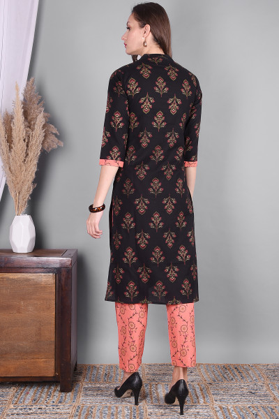 Women Pure Cotton Straight Mandarin Collar Kurta Pant DupattaSet