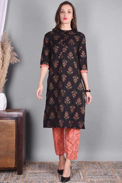 Women Pure Cotton Straight Mandarin Collar Kurta Pant DupattaSet