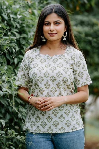 Green & White Printed Cotton Top