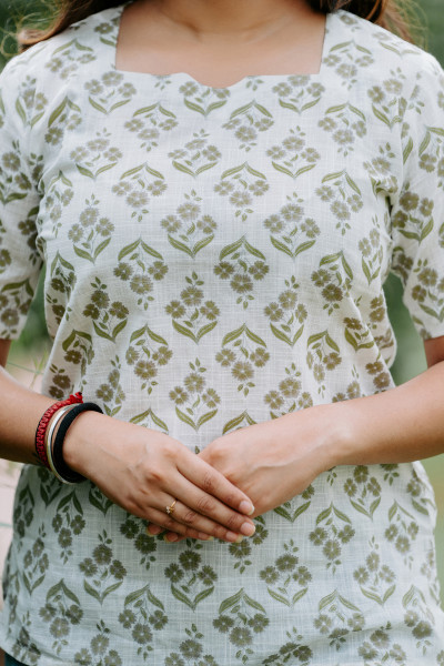 Green & White Printed Cotton Top