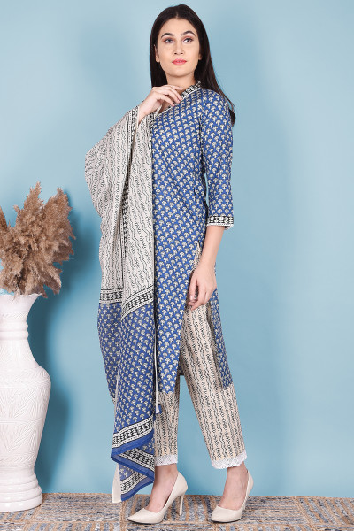 Women Pure Cotton Straight V Neck Kurta Pant DupattaSet