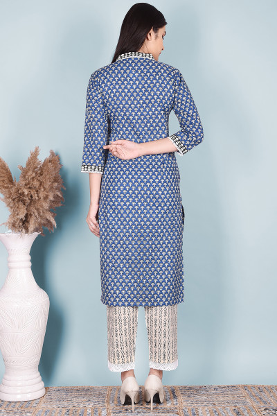 Women Pure Cotton Straight V Neck Kurta Pant DupattaSet