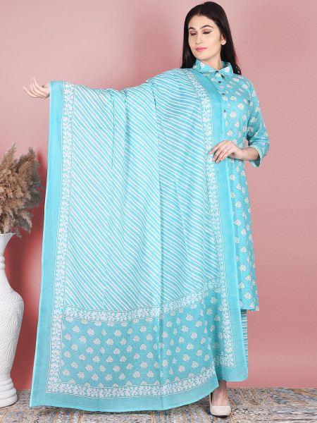 Women Pure Cotton A-line Collared Neck Kurta Palazzo DupattaSet