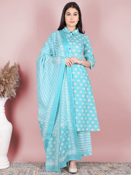 Women Pure Cotton A-line Collared Neck Kurta Palazzo DupattaSet