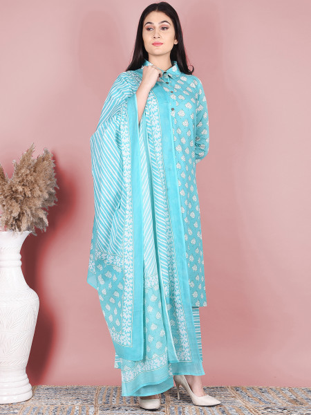 Women Pure Cotton A-line Collared Neck Kurta Palazzo DupattaSet