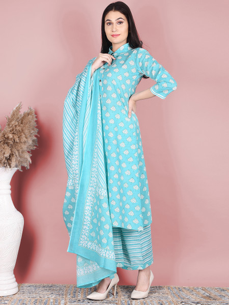 Women Pure Cotton A-line Collared Neck Kurta Palazzo DupattaSet