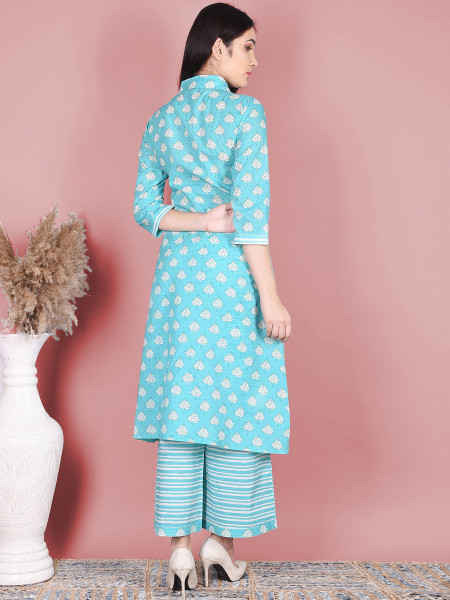 Women Pure Cotton A-line Collared Neck Kurta Palazzo DupattaSet