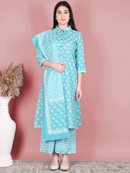 Women Pure Cotton A-line Collared Neck Kurta Palazzo DupattaSet