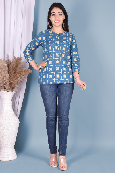 Blue Gold Printed Casual Rayon Top