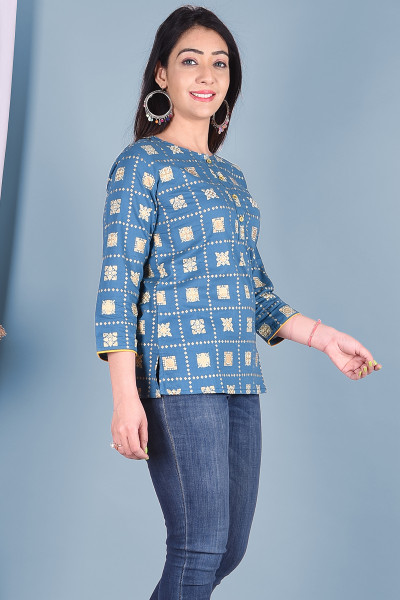 Blue Gold Printed Casual Rayon Top