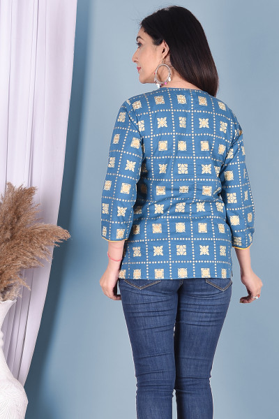 Blue Gold Printed Casual Rayon Top
