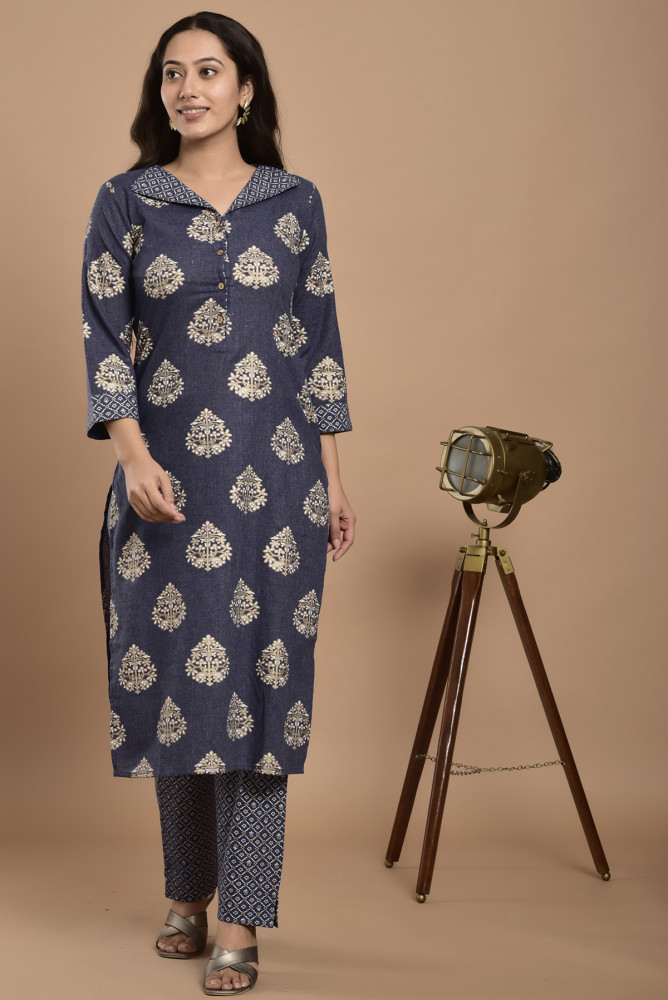 Women Pure Cotton Straight Collared Neck Kurta Pant Set