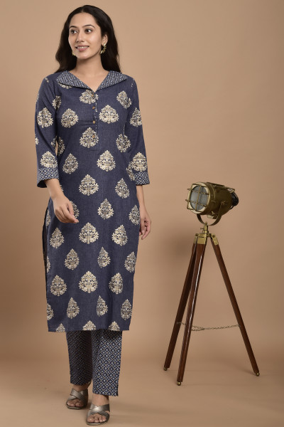 Women Pure Cotton Straight Collared Neck Kurta Pant Set