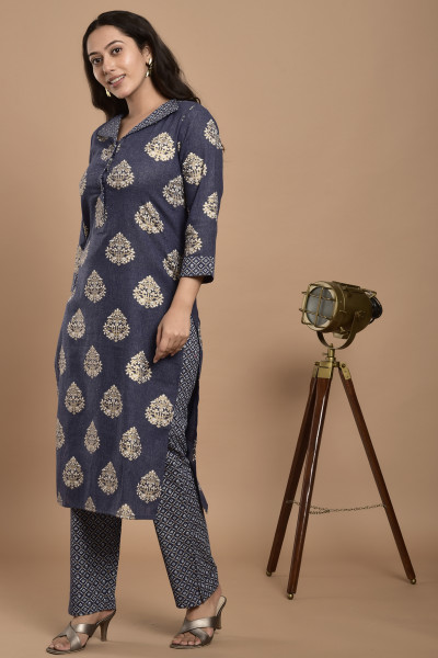 Women Pure Cotton Straight Collared Neck Kurta Pant Set