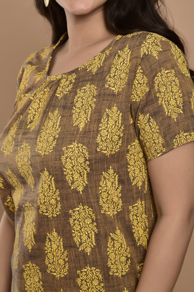 Brown & Mustard Printed Casual Cotton Top
