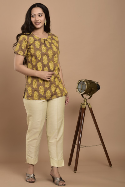 Brown & Mustard Printed Casual Cotton Top