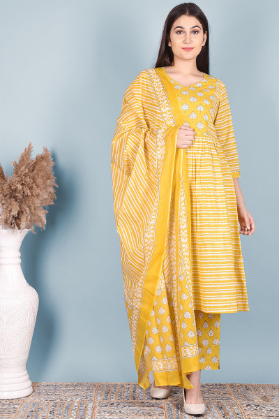 Women Pure Cotton A-line V Neck Kurta Palazzo DupattaSet