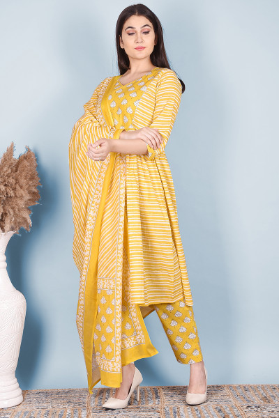 Women Pure Cotton A-line V Neck Kurta Palazzo DupattaSet