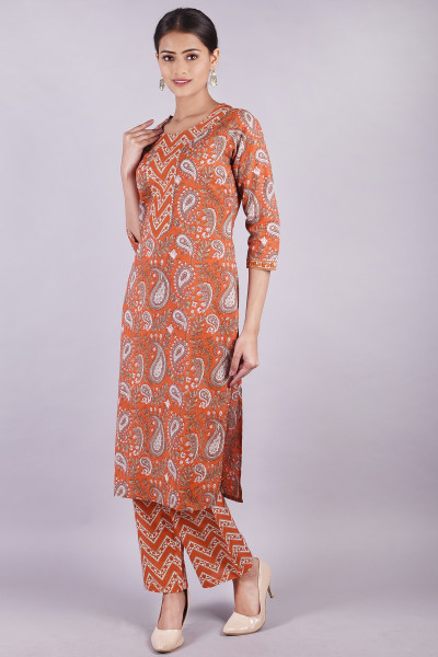 Women Pure Cotton Straight Round Neck Kurta Palazzo DupattaSet
