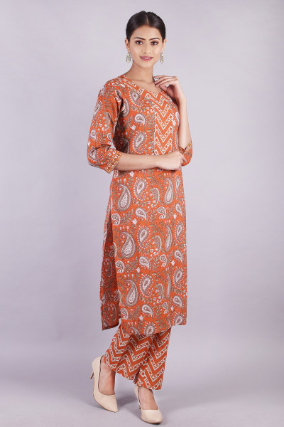 Women Pure Cotton Straight Round Neck Kurta Palazzo DupattaSet