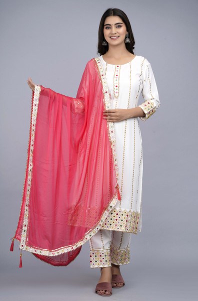 Women Cotton Rayon Straight Round Neck Kurta Palazzo DupattaSet