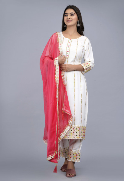 Women Cotton Rayon Straight Round Neck Kurta Palazzo DupattaSet