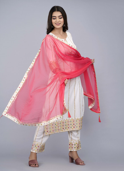 Women Cotton Rayon Straight Round Neck Kurta Palazzo DupattaSet