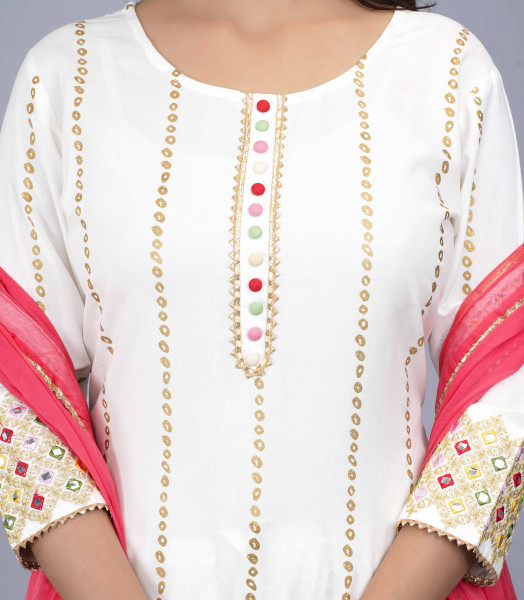 Women Cotton Rayon Straight Round Neck Kurta Palazzo DupattaSet