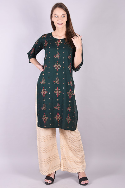 Women Cotton Rayon Straight Round Neck Kurta Palazzo Set