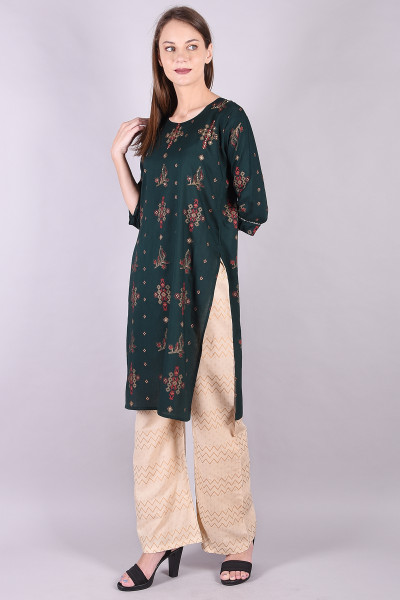 Women Cotton Rayon Straight Round Neck Kurta Palazzo Set