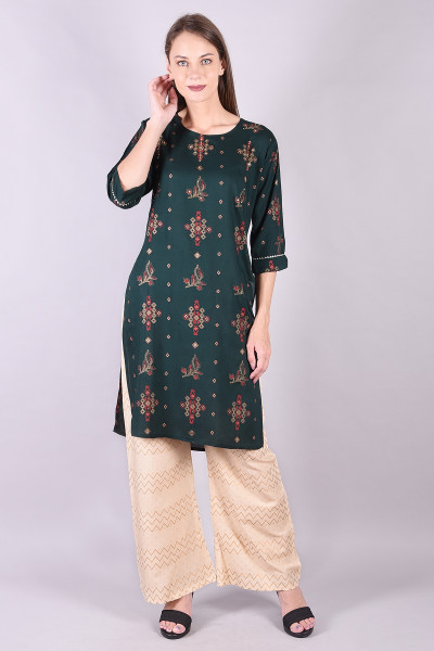 Women Cotton Rayon Straight Round Neck Kurta Palazzo Set