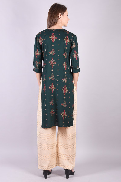 Women Cotton Rayon Straight Round Neck Kurta Palazzo Set
