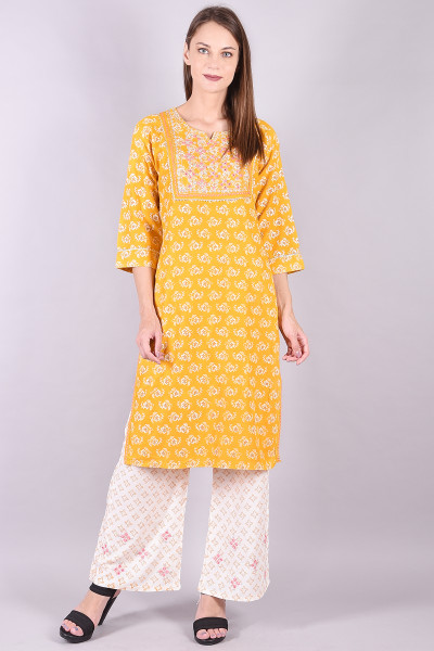 Women Cotton Rayon Straight Round Neck Kurta Palazzo Set