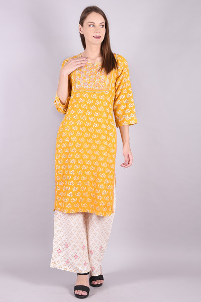 Women Cotton Rayon Straight Round Neck Kurta Palazzo Set