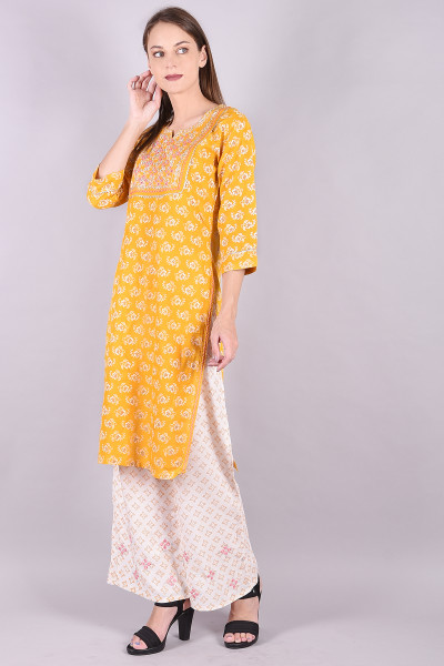 Women Cotton Rayon Straight Round Neck Kurta Palazzo Set