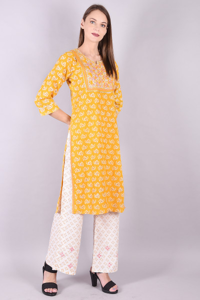 Women Cotton Rayon Straight Round Neck Kurta Palazzo Set