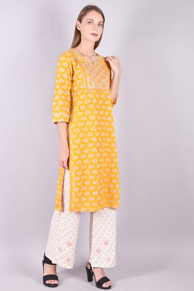 Women Cotton Rayon Straight Round Neck Kurta Palazzo Set