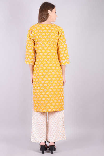 Women Cotton Rayon Straight Round Neck Kurta Palazzo Set