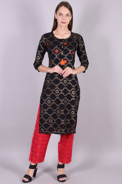 Women Cotton Rayon Straight Round Neck Kurta Palazzo Set