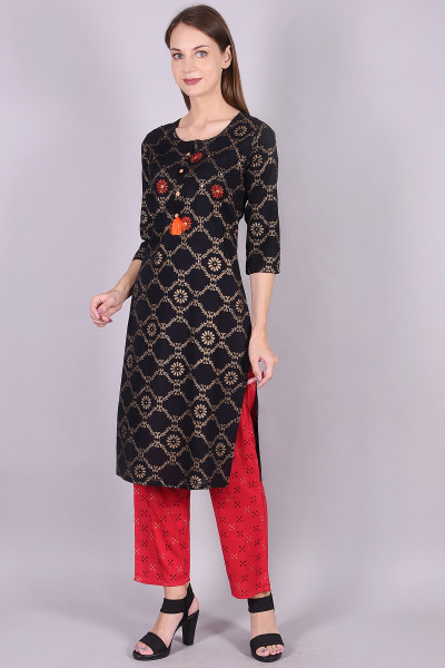 Women Cotton Rayon Straight Round Neck Kurta Palazzo Set