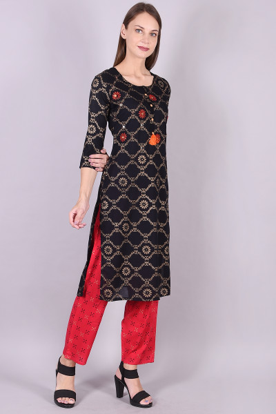 Women Cotton Rayon Straight Round Neck Kurta Palazzo Set