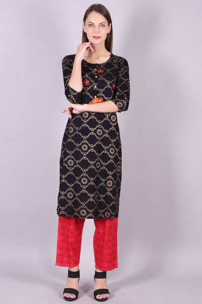 Women Cotton Rayon Straight Round Neck Kurta Palazzo Set